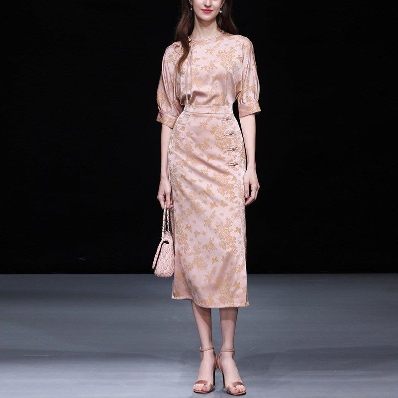 夏季女装2025新款气质杏粉色上衣T恤高腰包臀裙长裙裙子套装,女装/女士精品,时尚套装,淘宝优惠券,粉丝福利购,淘宝优惠卷