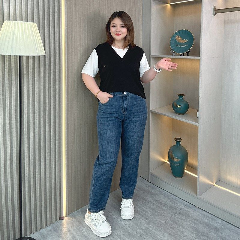大码牛仔裤女胖mm弹力直筒宽松夏季薄款裤子200斤高腰显瘦哈伦裤,女装/女士精品,大码裤装,淘宝优惠券,粉丝福利购,淘宝优惠卷