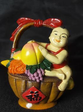 小叶黄杨木彩绘丰收提篮木雕工艺品家居办公桌面车摆件把玩件