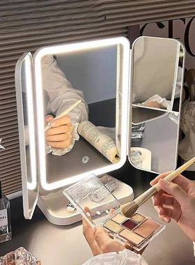 新款led双开门化妆镜带灯三面折叠家用台式女学生补妆美妆贝壳镜