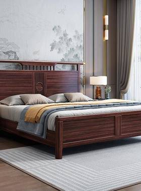 新中式乌金木主卧1.8米婚床现代中式中国风1.5米储物床实木双人床