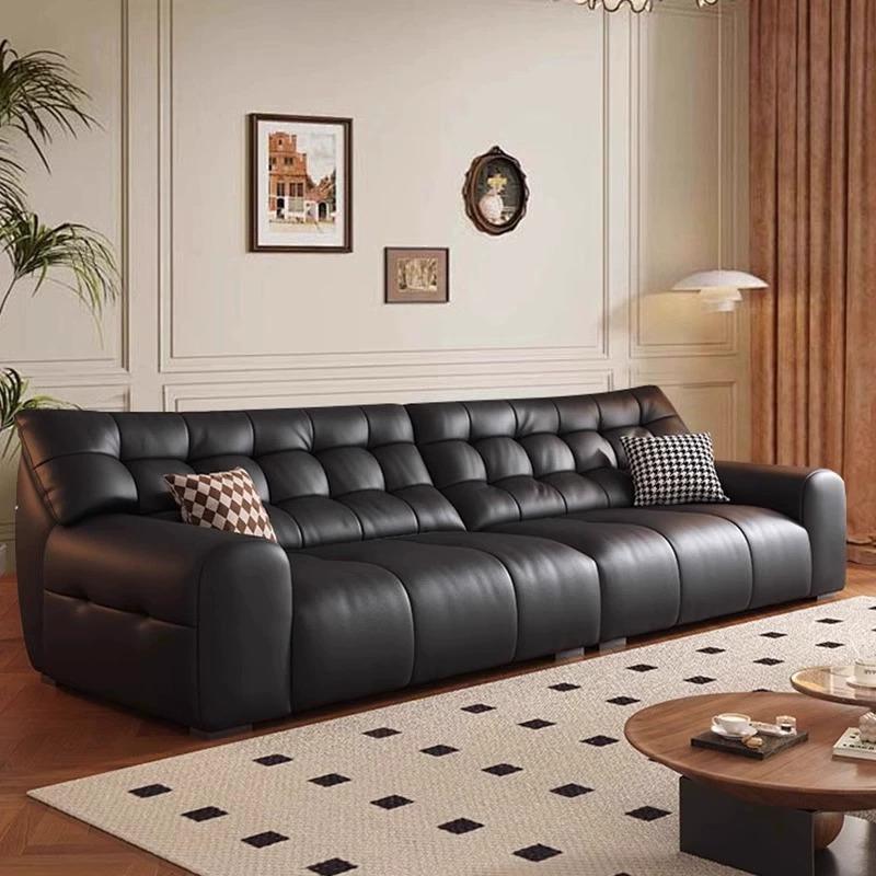 真皮实木沙发客厅意式极简大黑熊客厅直排沙发黑色复古网红皮艺