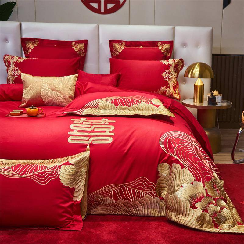 高端全棉刺绣婚庆四件套结婚大红色六件套陪嫁新房床上用品纯棉