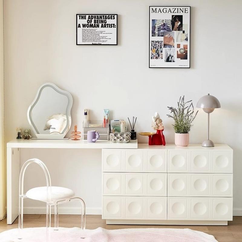 实木奶油风梳妆台斗柜一体伸缩现代简约卧室床尾柜化妆桌椅子书桌