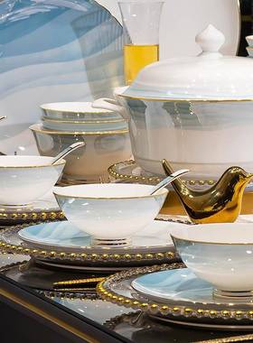 新中式金边高级感陶瓷套装家用碗碟碗盘厨具盘子碗全套新婚乔迁礼