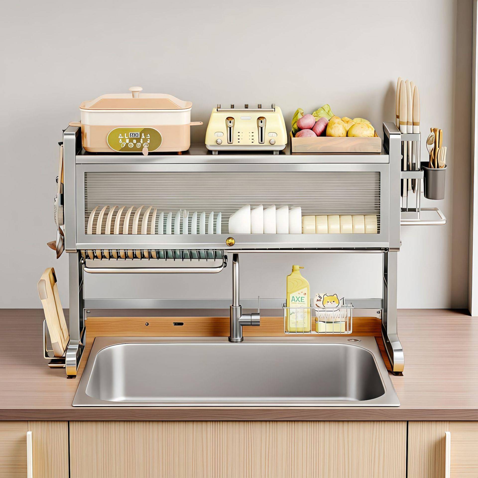 304不锈钢双层厨房水槽柜碗碟洗碗池置物架家用滤水架多功能碗筷