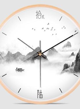 10寸12寸实木边框挂钟客厅卧室静音时钟桦木新中式中国水墨画钟表
