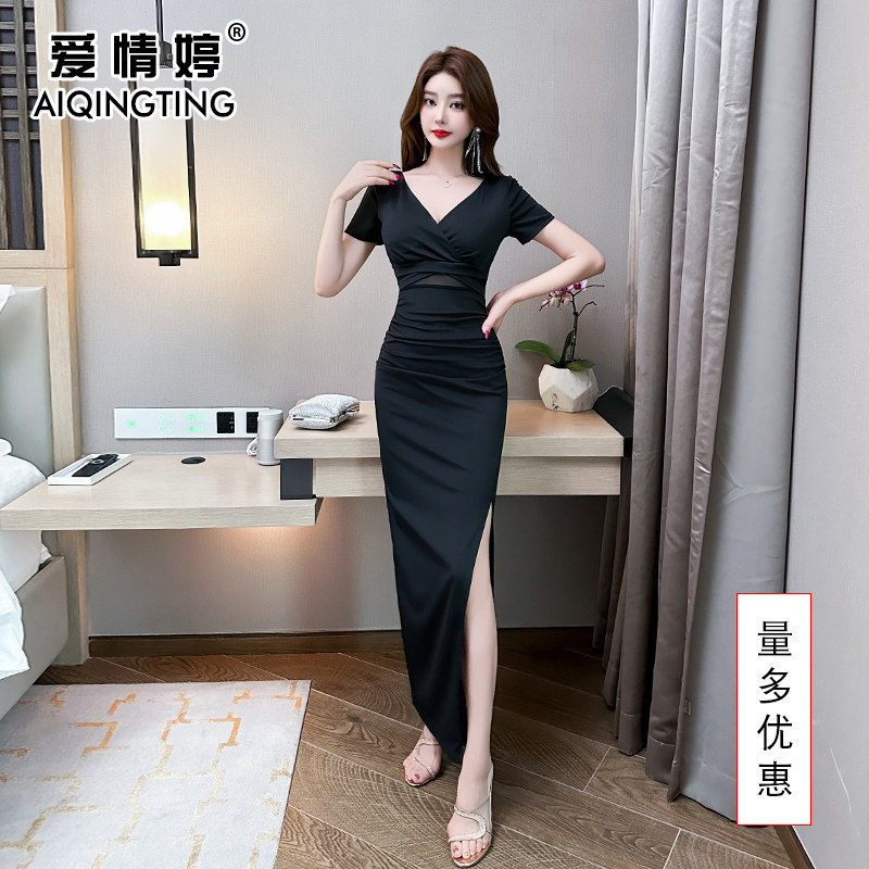 夜总会上班衣服v领气质长裙长款连衣裙包臀spa柔式技师工作服性感