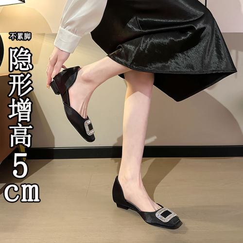羊皮版~通勤风方头水钻内增高5cm单鞋女小个子一脚蹬浅口中空凉鞋