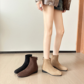 粗低跟短靴女秋冬新款 羊猄绒面 法式 加绒方头通勤工作内增高女靴