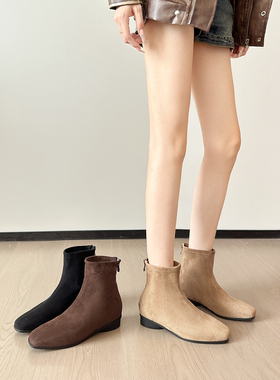 羊猄绒面~法式粗低跟短靴女秋冬新款加绒方头通勤工作内增高女靴