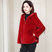 新年战袍红色春节外套连帽保暖加厚女貂绒时尚 冬季 新款 仿皮草大衣