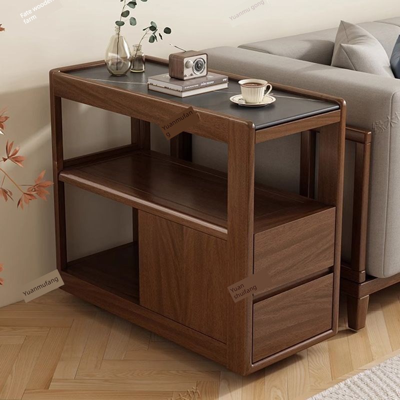 实木沙发边柜岩板边几中式小户型客厅带轮可移Q动角几小茶几侧边