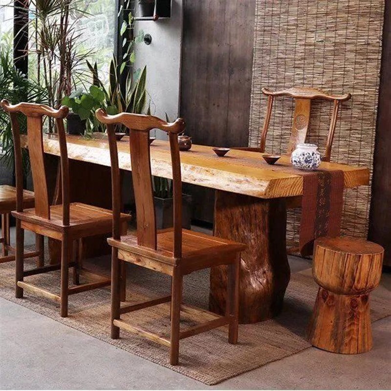 新中式实木c大板桌茶台中式原木办公桌茶室禅意整板功夫泡茶桌茶