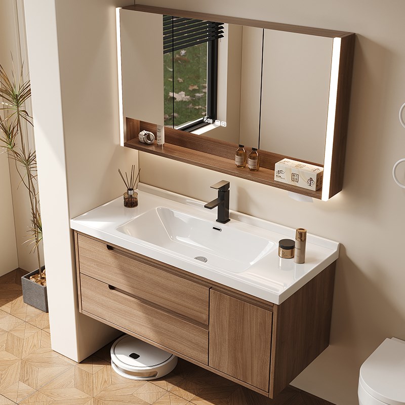 新款胡桃木浴室柜陶瓷一体盆中古风卫生J间洗脸洗手盆柜组合洗漱