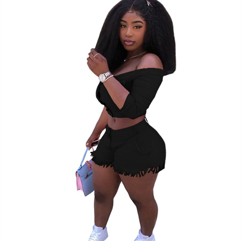 现货Two Piece Set Wo Off Shzoulder Buts Crop  Shorts 2 P