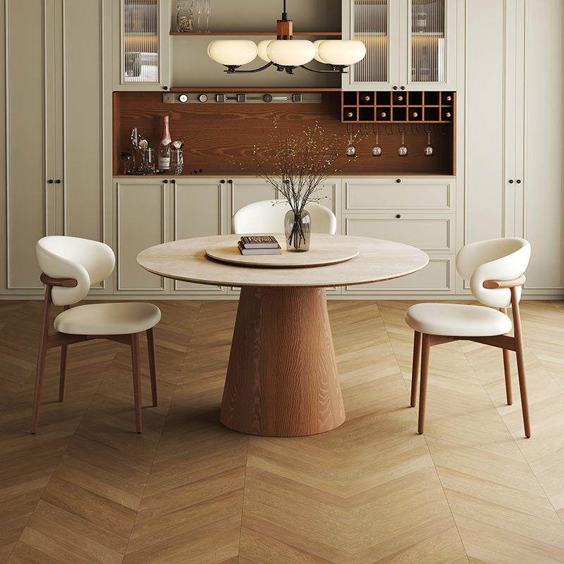 洞石岩板小圆桌家用小户型餐厅实木圆形餐桌复古风白蜡木圆形餐桌