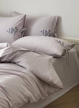 100S高支全棉四件套少女感紫色刺绣花卉纯棉床单床笠提花长绒棉