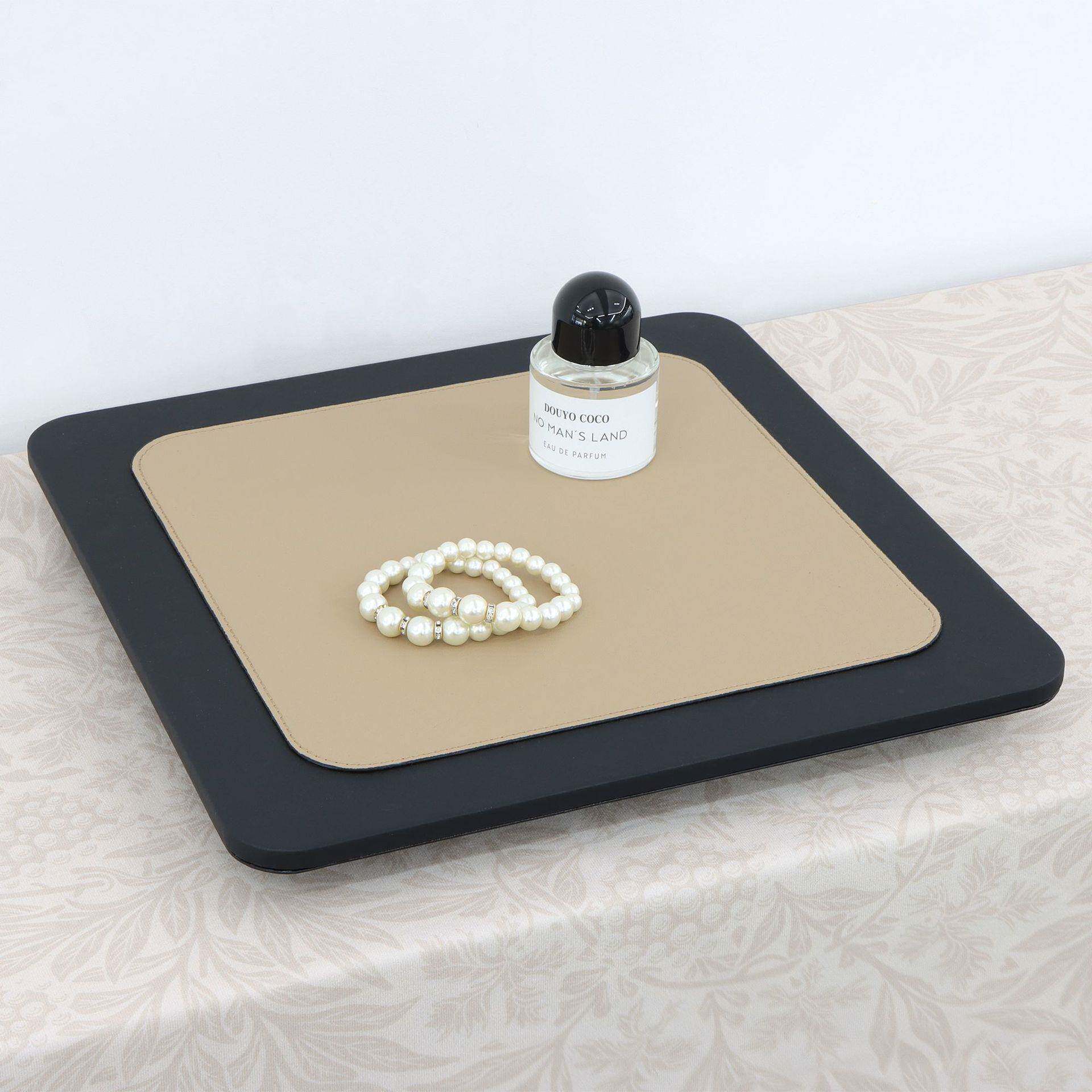 简约现代杏色皮革木质几何托盘样板房酒店装饰盘摆件餐厅置物盘