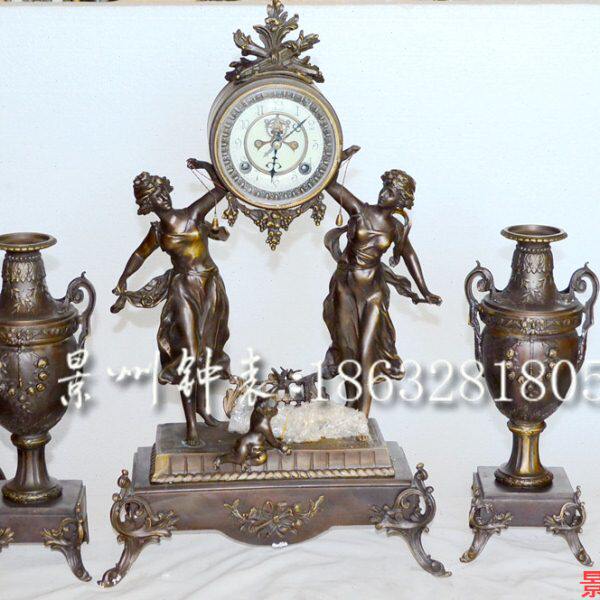 古钟 机械纯铜座钟 复古做旧花瓶 欧式古典钟 老式发条 壁炉套钟