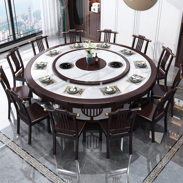 酒店电动实木岩板餐桌大圆桌带转盘新中式20人饭店酒店会所圆餐桌