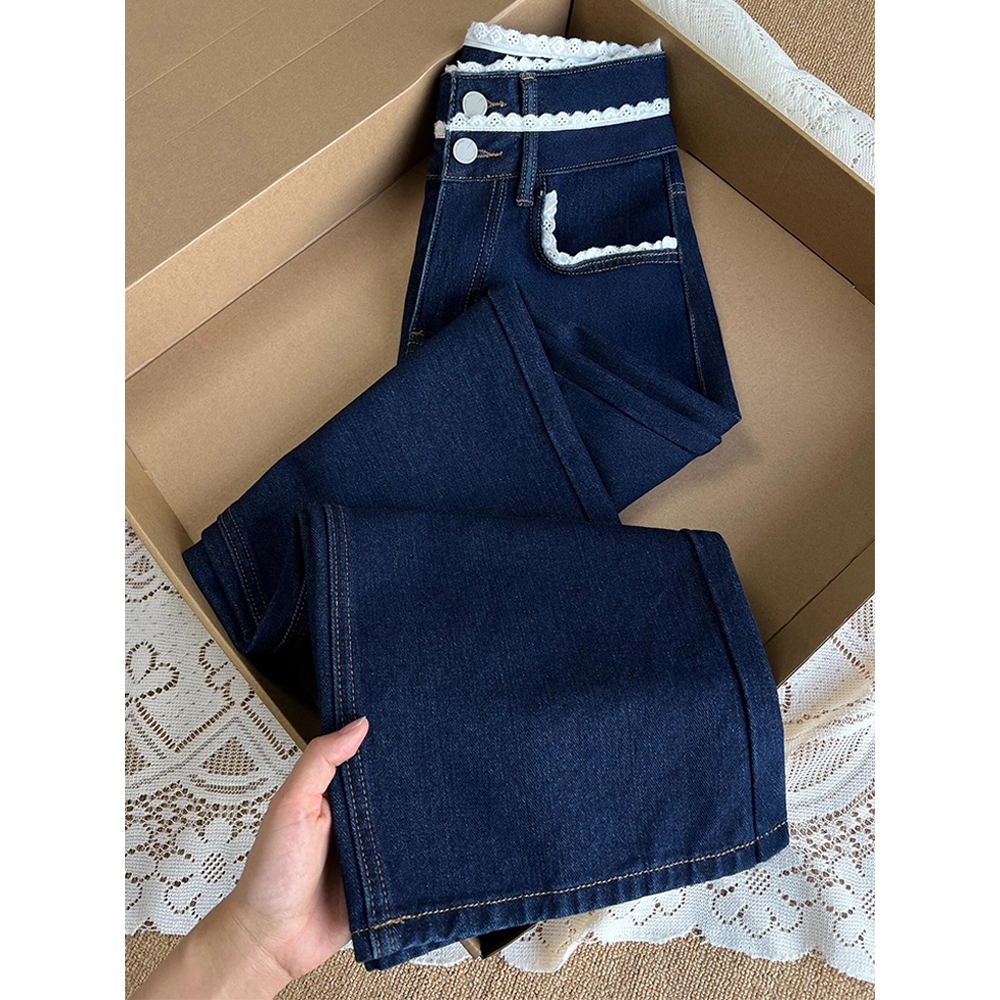 设计感花边拼接直筒牛仔裤女秋季新款胖妹妹mm高腰宽松显瘦阔腿裤