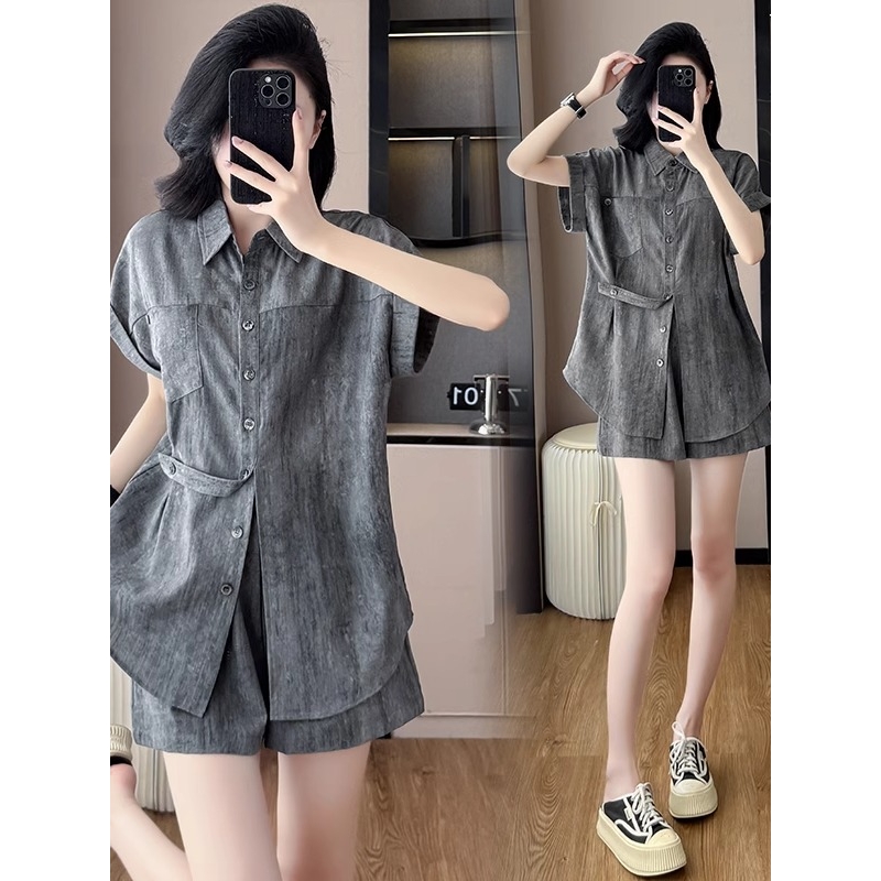 超火冰丝短裤套装女夏季超火微胖巨好看显瘦两件套减龄一整套穿搭
