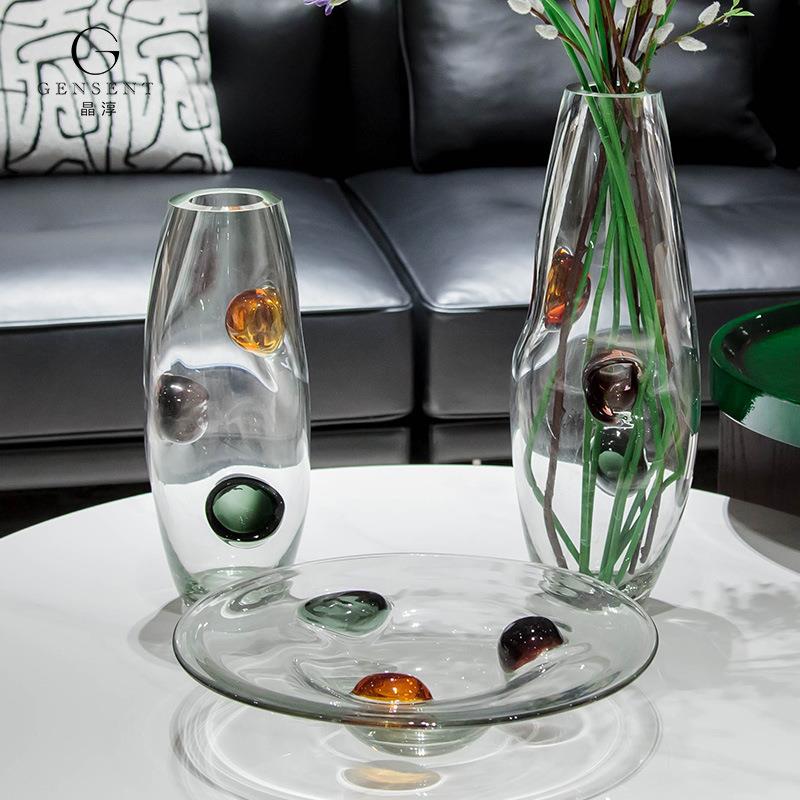 晶淳 高档透明抽象创意造型客厅插花瓶果盘套装 现代艺术装饰器皿