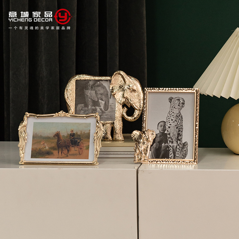 欧式轻奢花开富贵及动物装饰x金属相框 创意样板间相架相片框摆台