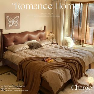 中古风床北欧实木床现代简约1.8M双人床复古法式 床软包主卧小户型