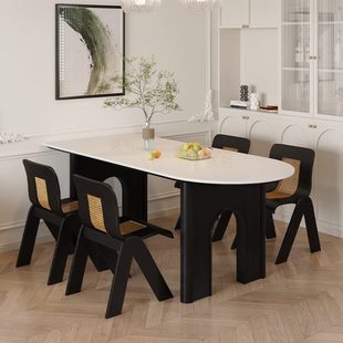 实木半椭圆岩板餐桌法式 小户型家用奶油风1.4米长客厅靠墙吃饭桌