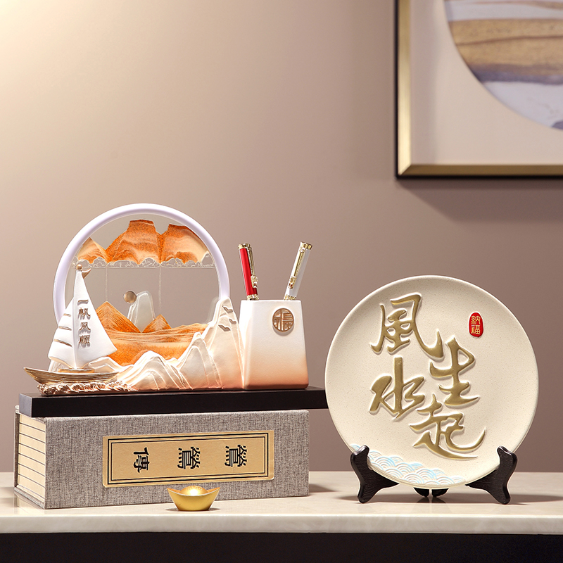 帆船笔筒流沙画办公室桌面收v纳装饰摆件老板男士高档招财风生水