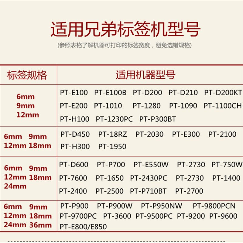 适用兄弟标签机色带12mm 9 18 24打印纸PT-E100B/D210/D200标签带