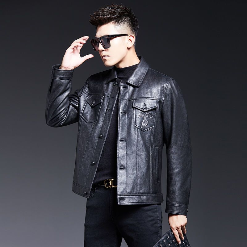 海宁新款秋季头层绵羊皮男翻领真皮衣皮夹克机车款修身帅气外套潮