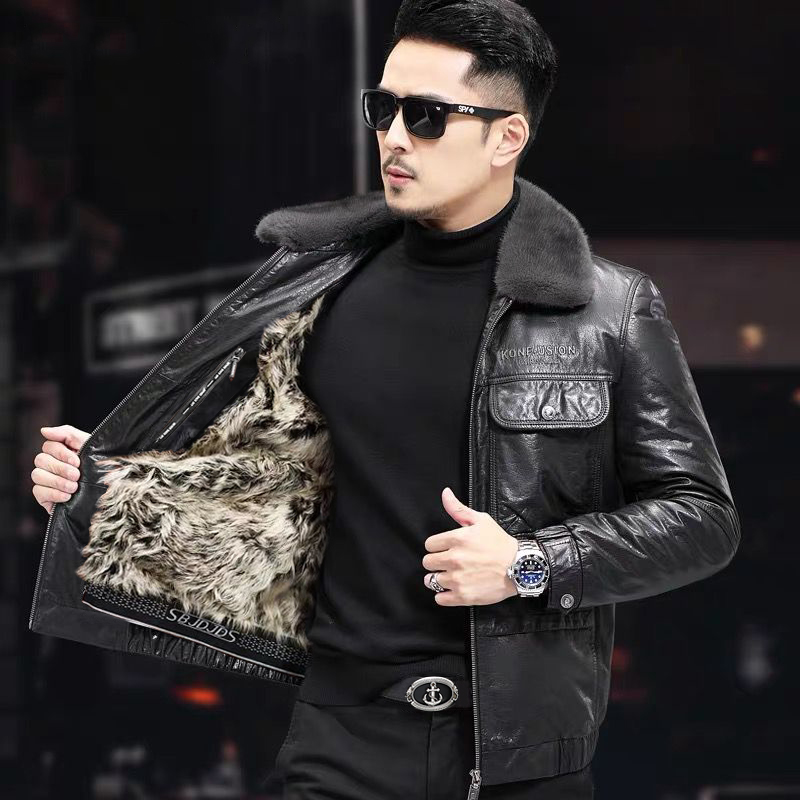 加厚真皮皮衣翻领头层小牛皮男士可拆卸短款皮夹克2103-2