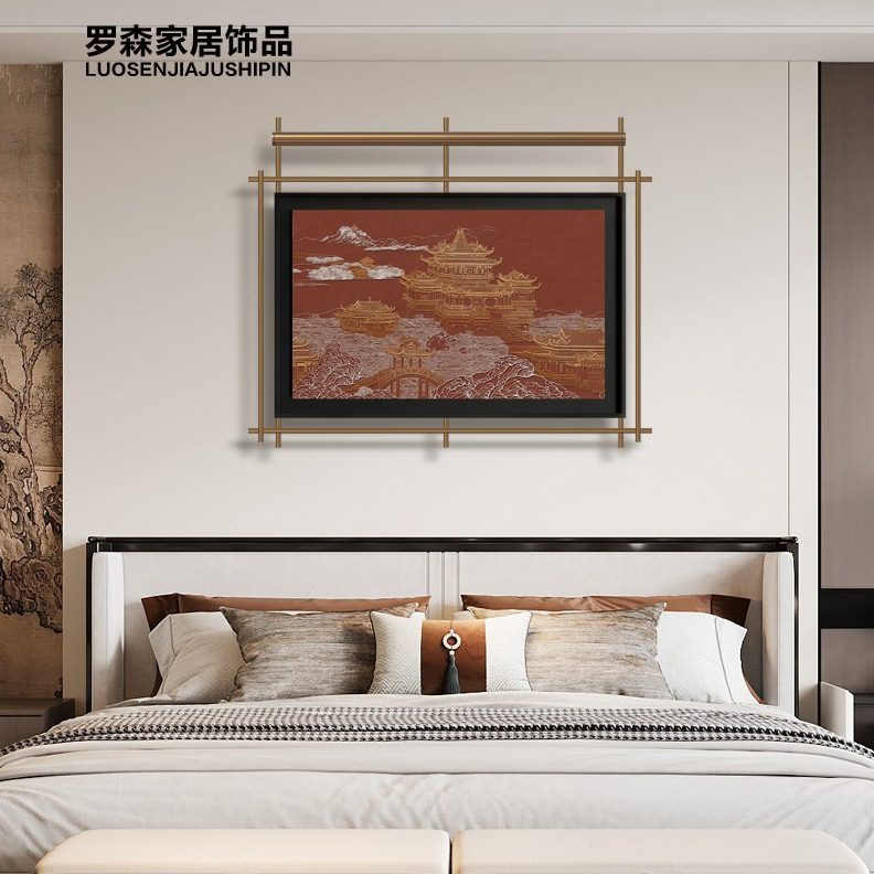 中古风墙面装饰高档金属杆子挂饰售楼部客厅墙带灯挂件复古挂画