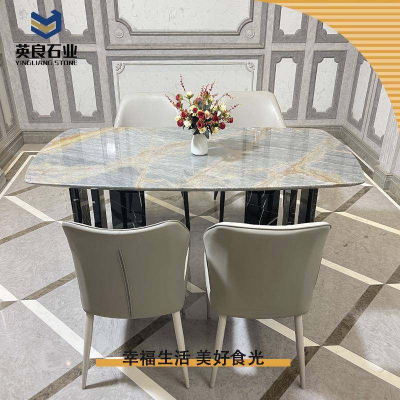 轻奢大理石餐桌组合现代简约吃饭桌子家用带转盘大理石长方小户型
