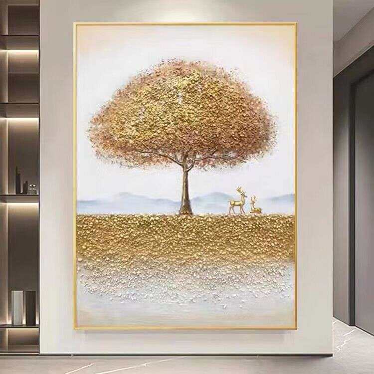 手绘油画发财树入户玄关装饰画轻奢麋鹿走廊过道壁画进门挂画竖版