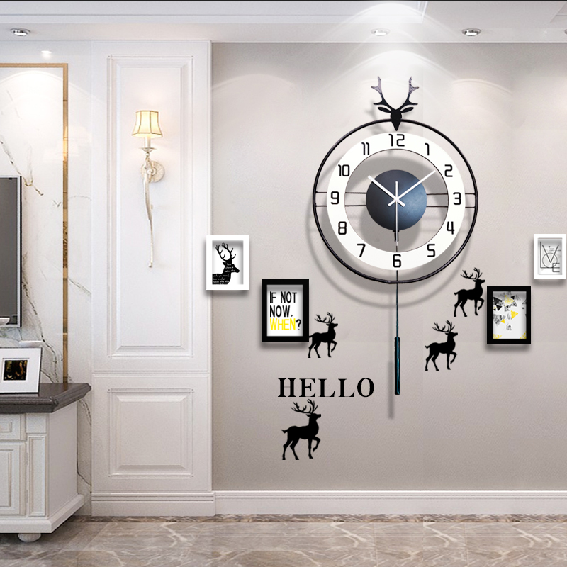 北欧鹿头钟表挂钟客厅现代简约创意轻奢时尚家P用时钟挂墙免打孔