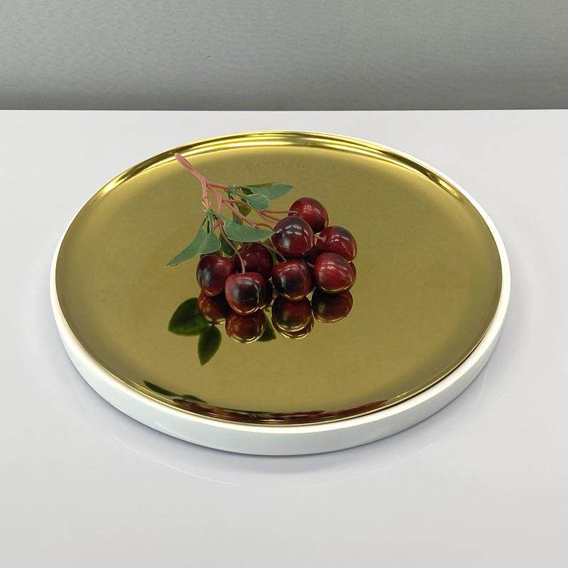 现代轻奢大理石金属摆件 金色托盘果盘样板房客厅桌面收纳装饰品