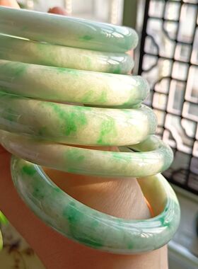 【带证】翡翠A货手镯细糯种水阳绿飘花满绿天然玉石手镯圈口52-60