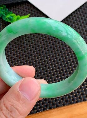 【带证】缅甸翡翠手镯冰糯种冰润飘绿精美翡翠处理玉镯子女款玉石