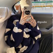 Poragomla秋季 上衣渐变 圆领套头情侣毛衣日系慵懒风潮流宽松长袖