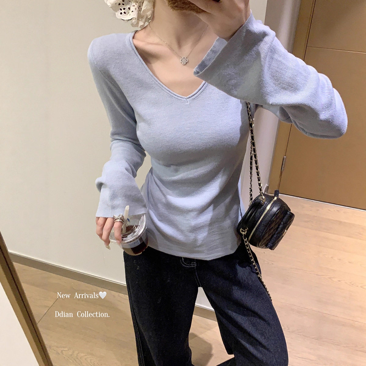 Poragomla韩系简约蓝色v领针织打底衫长袖女秋冬季内搭修身miu系