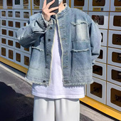 毛边设计高级感痞 春秋季 Poragomla美式 复古牛仔外套潮牌男女短款