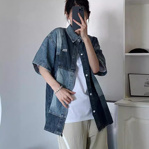 Poragomla牛仔短袖衬衫男
