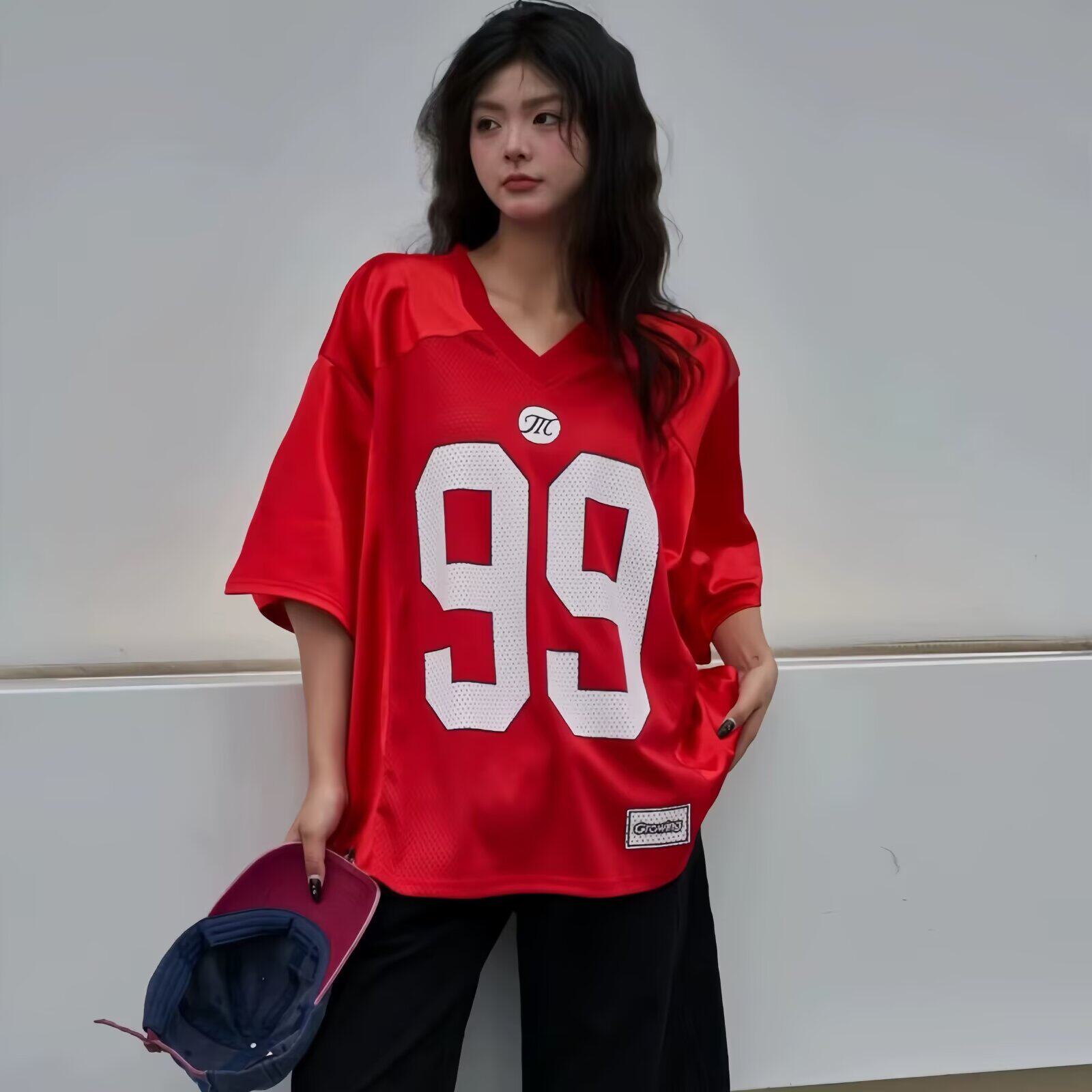 Poragomla镂空网眼橄榄球服数字字母印花男女款T气质潮流时尚日系