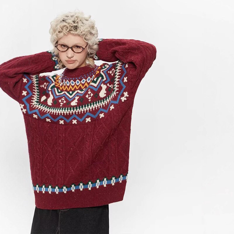 Poragomla春秋冬季圆领宽松套头针织衫男女复古麻花情侣圣诞节毛