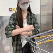 宽松设计感小众上衣长袖 Poragomla复古港味绿色格子衬衫 女春秋季