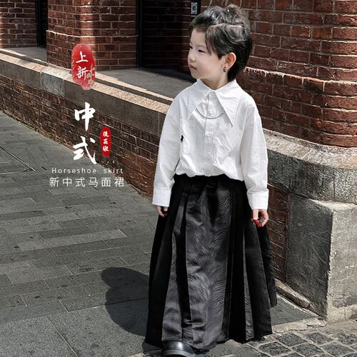 儿童马面裙套装男童汉服春秋时髦衬衫小男孩新中式复古衣服演出服